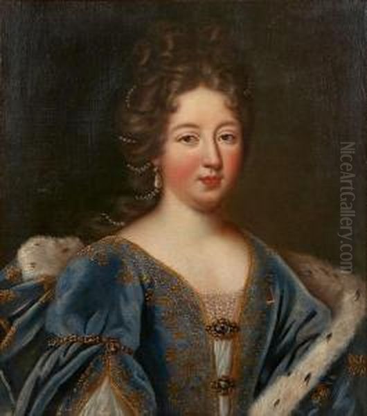 A Portrait Of A Lady In An Ornate Blue Gown With Fur Trimmed Cape Oil Painting by Alexander Roslin