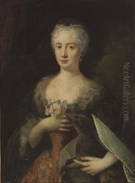 Portrait Of A Lady, Half-length,
 In A Blue Fur-trimmed Cloak, Holding A Dog Under Her Left Hand, And A 
Pink Rose With Other Flowers In Her Right Oil Painting by Alexander Roslin