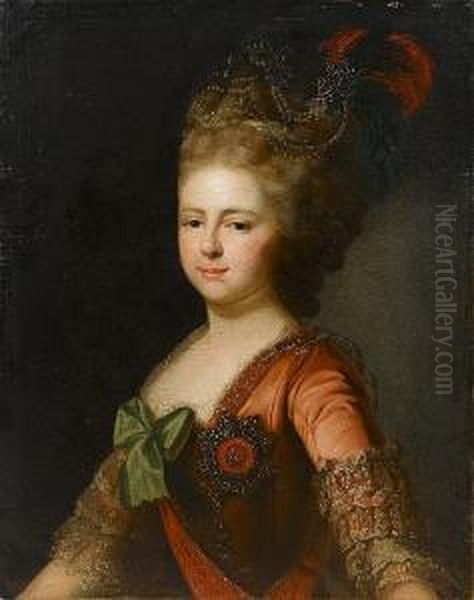 Portrait Of Archduchess Maria 
Feodorovna, Half-length, In A Coral, Lace-trimmed Dress With A Green 
Bow, Wearing The Imperial Order Of St. Catherine The Great Martyr Oil Painting by Alexander Roslin