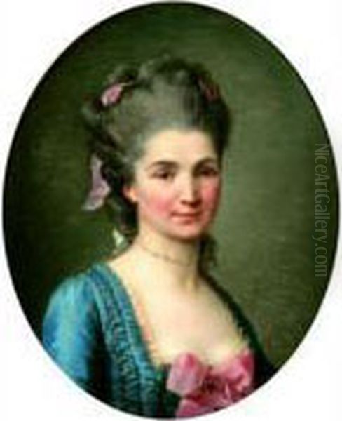 Portrait De Jeune Femme A La Robe Bleue Ornee D'un Noeud Rose Oil Painting by Alexander Roslin