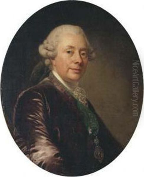 Portrait Of A Gentleman, Bust-length, In A Velvet Jacket With Agreen Medal-ribbon Oil Painting by Alexander Roslin