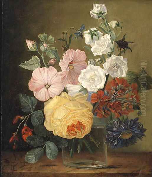 Flowers in a glass Jar on a Ledge Oil Painting by Jan Frans Van Dael