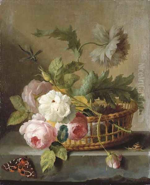 Roses and morning glory in a basket on a stone ledge Oil Painting by Jan Frans Van Dael