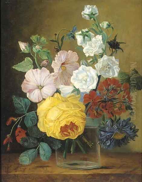 Mixed flowers in a glass vase on a ledge Oil Painting by Jan Frans Van Dael