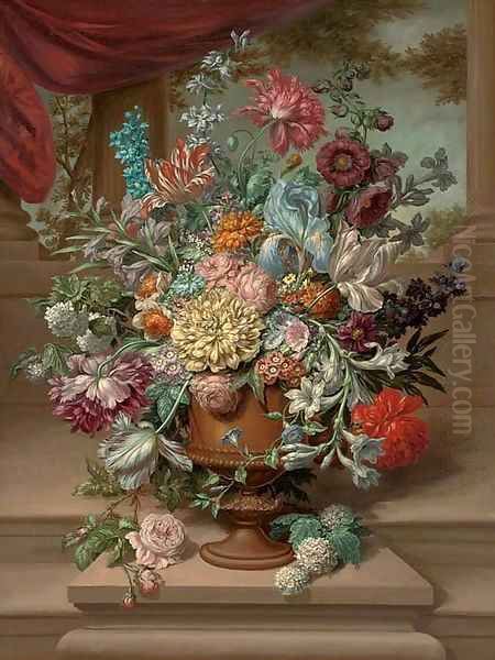 Parrot tulips, carnations, morning glory, narcissi and other flowers in an urn on a plinth by a partly-draped colonnade Oil Painting by Jan Frans Van Dael