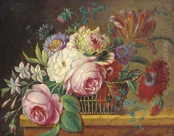 Roses, tulips and other flowers in a basket on a ledge Oil Painting by Jan Frans Van Dael