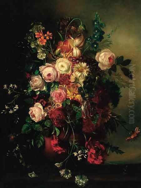 Roses, tulips, pansies and other summer flowers in a vase on a ledge Oil Painting by Jan Frans Van Dael