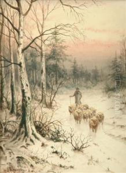 Sheep Andshepherd In A Snowy 
Lane Horses And Figure On A Snowy Road Coachand Horses Outside A Tavern 
In The Snow Three Oil Painting by Joseph Halford Ross