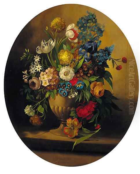 Summer flowers in an urn on a ledge; and Summer flowers in a glass vase on a ledge Oil Painting by Jan Frans Van Dael