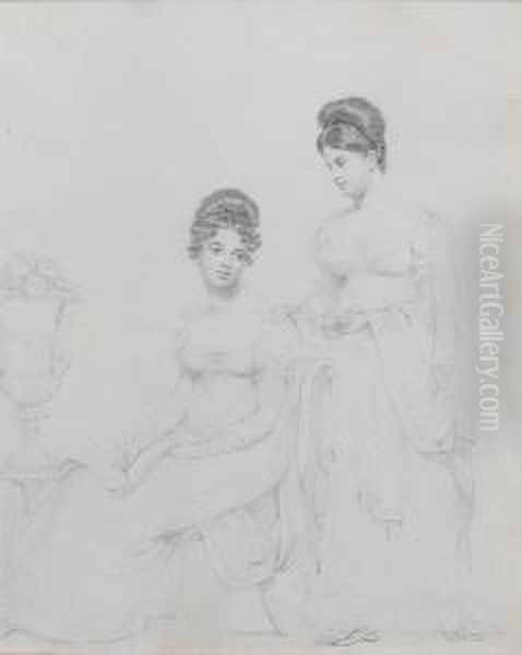 Two Ladies; Miss Emily Gregg, To
 The Left,wearing Dress With Short Puffed Sleeves And Elbow-length 
Gloves,her Hair Curled And Dressed High, Seated, A Shawl Over The Back 
Ofher Chair, A Sketch Book In Her Lap And A Pencil In Her Right Hand;her
 Comp Oil Painting by William Charles Ross