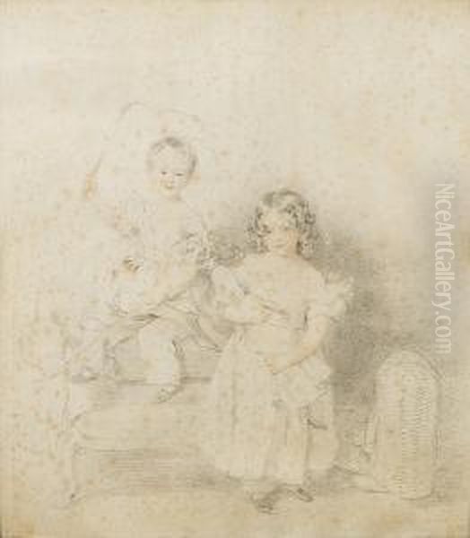 A Boy And A Girl; He Wearing 
Dress With Sashed Waist And Puffed Sleeves, Pantalettes And 
Ankle-strapped Shoes, Standing In An Armchair With A Riding Crop In His 
Raised Right Hand; She Wearing Dress With Puffed And Frilled Sleeves, 
Pantalettes And  Oil Painting by William Charles Ross