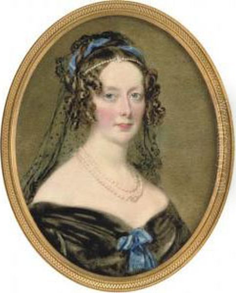 A Lady Of The Airlie Family, In 
Off-the-shoulder Black Velvet Dress With Bright Blue Ribbon Tied At 
Corsage, Double Strand Pearl Necklace, Strand Of Pearls And Bright Blue 
Ribbon Twisted In Her Dark Hair Dressed In Ringlets, Falling Black 
Spotted  Oil Painting by William Charles Ross