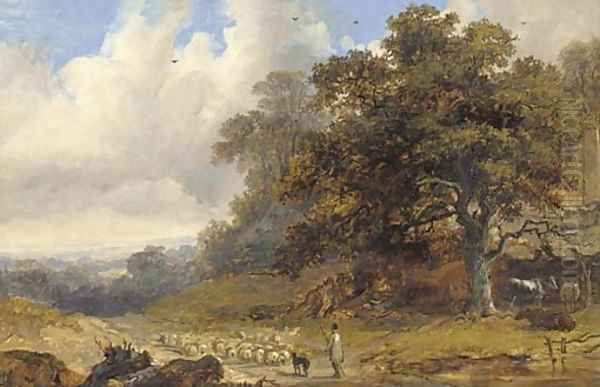 A shepherd with his flock in an extensive landscape by John Dearman