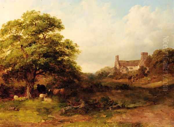 Cattle and sheep in a wooded landscape with a cottage beyond Oil Painting by John Dearman