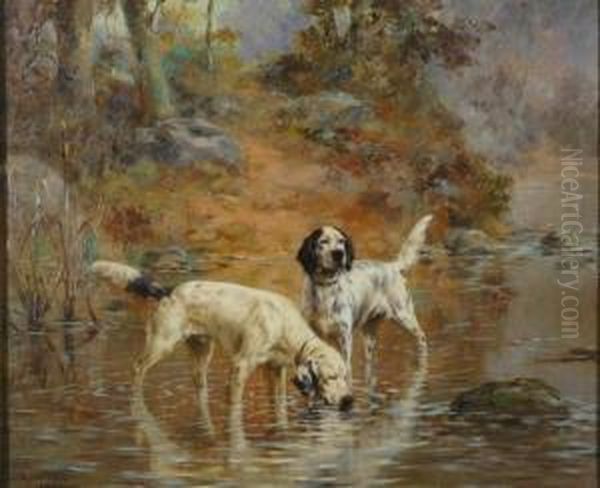 Two Setters In A Cooling Stream On The Grounds Of Overhills,fayetteville, North Carolina Oil Painting by Percival Leonard Rosseau