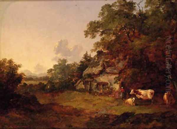 Figures before a Cottage in a wooded landscape Oil Painting by John Dearman