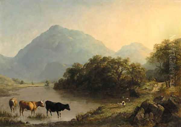 View near Beddgelert, North Wales, with cattle watering in the foreground Oil Painting by John Dearman