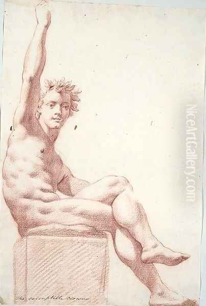 A seated nude wearing a crown of oak leaves, his right arm raised Oil Painting by Cesare Dandini