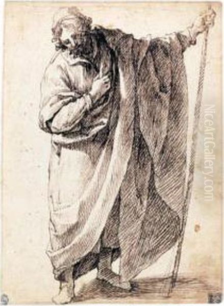 A Standing Figure Of A Man Wearing A Cloak And Holding A Stick Oil Painting by Matteo Rosselli