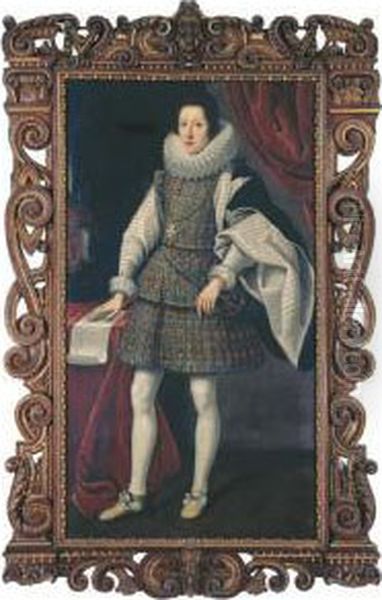 Portrait Of Ferdinando Ii De' 
Medici (1610-1670), Full-length, In Agold-embroidered Dress With Lace 
Ruff Collar, Wearing The Order Ofsanto Stefano, With His Right Hand 
Resting On The Plan Of Afortress Oil Painting by Matteo Rosselli