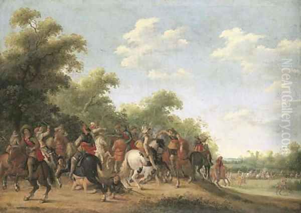 A wooded landscape with a cavalry skirmish Oil Painting by Joost Cornelisz. Drooghsloot