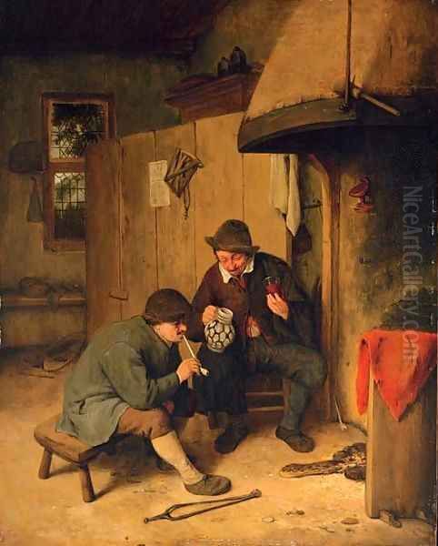 Peasants drinking and smoking in a kitchen interior Oil Painting by Cornelis Dusart