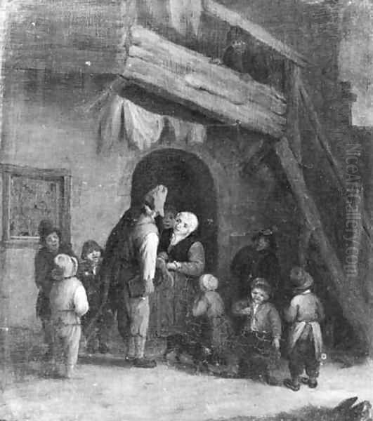 A hurdy-gurdy player accompanied by children by a farm Oil Painting by Cornelis Dusart