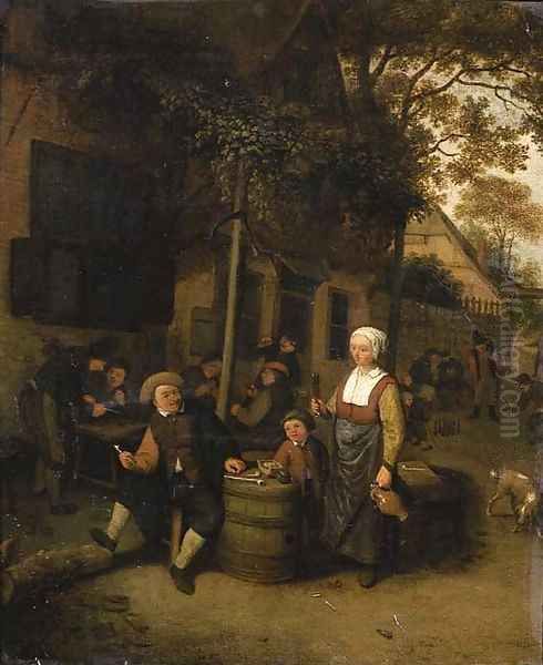 A maid serving a peasant seated by a barrel outside an inn Oil Painting by Cornelis Dusart