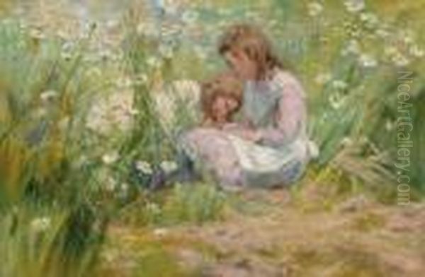 Girls Sitting In A Flower Meadow Oil Painting by Alexander Rossi