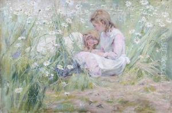 Two Young Girls In A Flower Meadow Oil Painting by Alexander Rossi