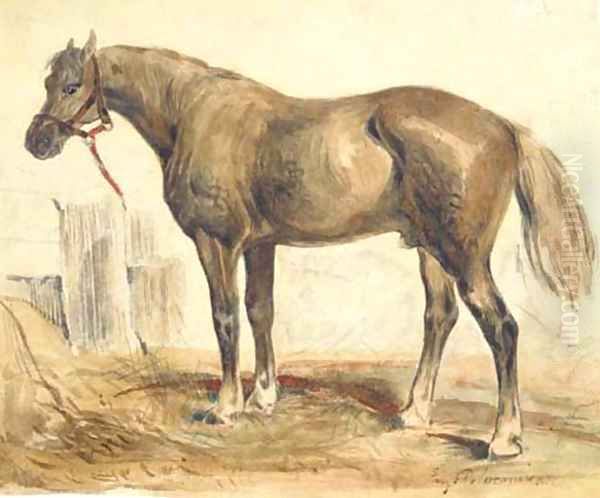 A bay stallion in profile to the right Oil Painting by Eugene Delacroix