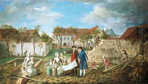 The grounds of a farmhouse with an architect showing his plans to an elegant family, builders nearby Oil Painting by Francois Dumont