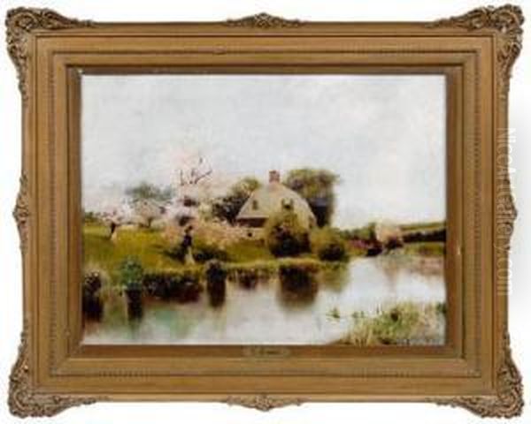 House With Pond And Blossoming Tree Oil Painting by Lucius Rossi