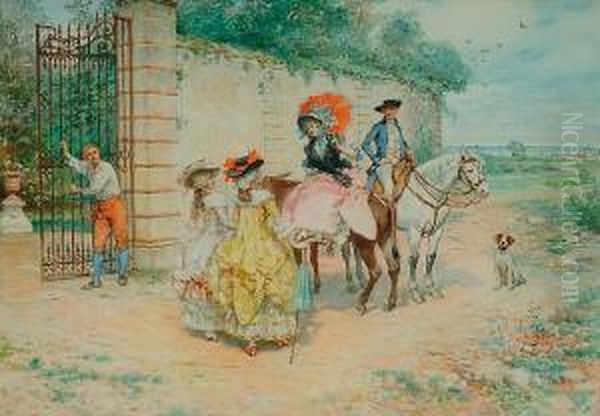 A Riding Party Outside A Walled Garden Oil Painting by Lucius Rossi