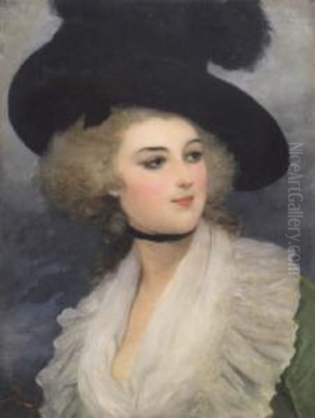 Portrait Of A Girl Wearing A Feathered Hat Oil Painting by Lucius Rossi