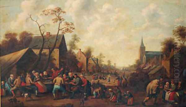 Peasants drinking and eating at tables in a village street Oil Painting by Joost Cornelisz. Droochsloot