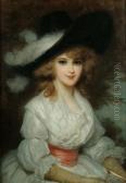 Portrait Of A Lady Wearing A White Dress And Black Hat In The 18th Century Style Oil Painting by Luigi Rossi