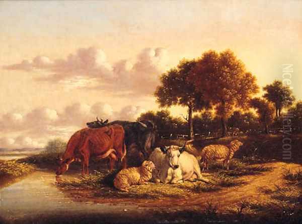 Cattle and Sheep grazing in extensive Landscapes Oil Painting by Pierre Emanuel Dielman