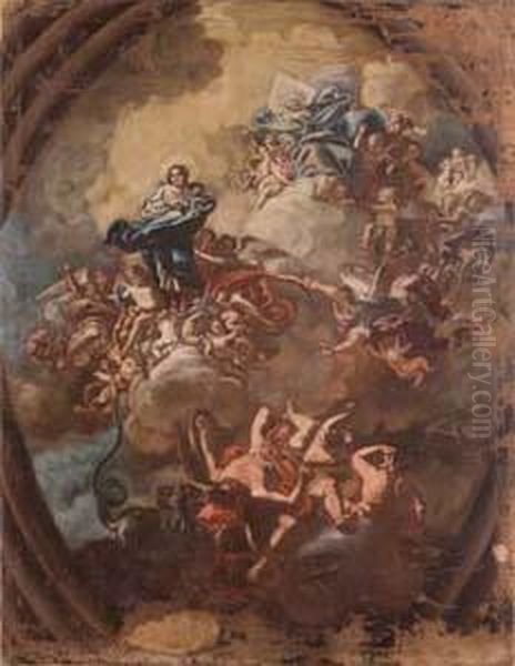 L'arcangelo Scaccia Gli Angeli Ribelli Tra La Madonna In Cielo E Dio Padre Oil Painting by Nicola Maria Rossi