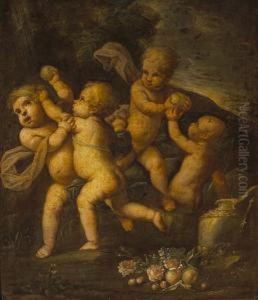 Putti Fighting In A Landscape Oil Painting by Pasqualino Rossi