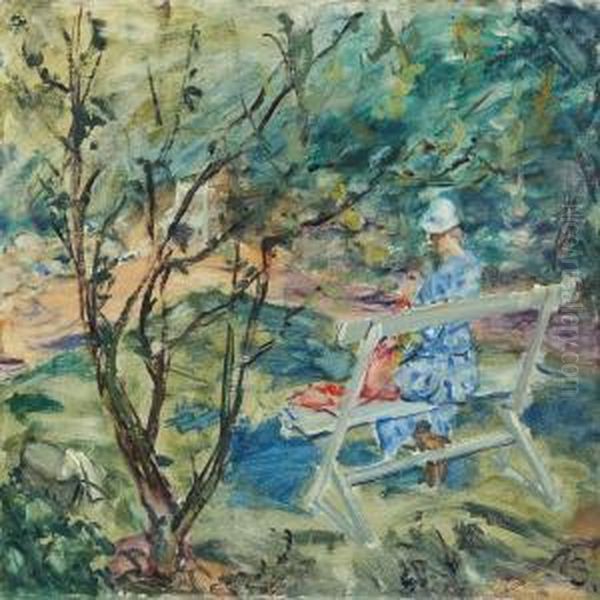 Woman In The Garden On A White Bench Oil Painting by Peter Rostrup Boyesen