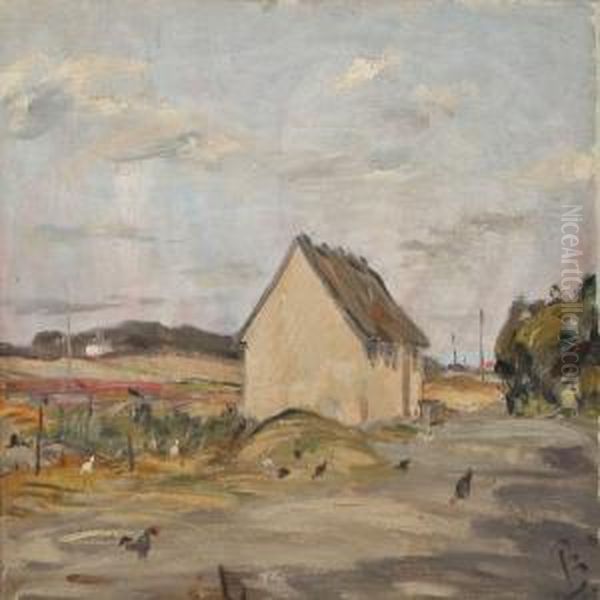 Farm Exteriur With Hens Oil Painting by Peter Rostrup Boyesen