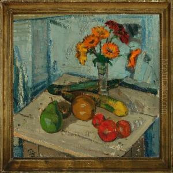 Still Life With Flowers And Fruit On A Table by Peter Rostrup Boyesen