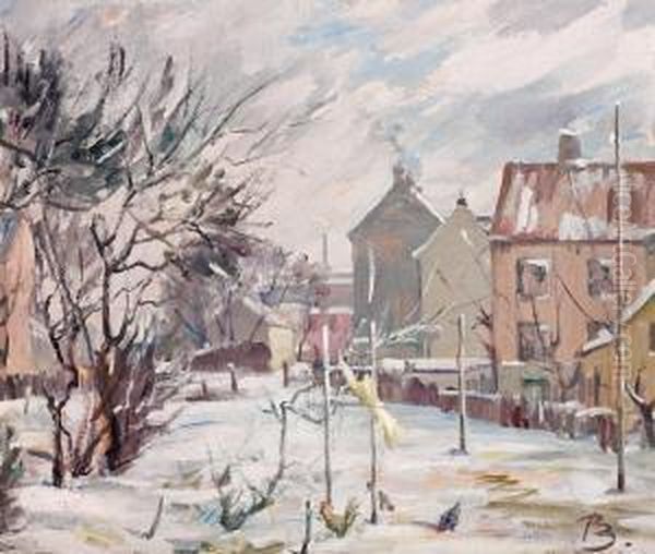 A Snow Covered Cityscape. Signed Monogram by Peter Rostrup Boyesen