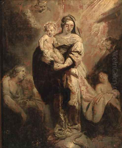 The Virgin and Child triumphant over sin - en grisaille Oil Painting by Abraham Jansz. van Diepenbeeck