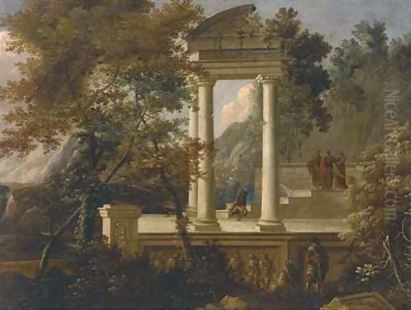 An extensive mountainous wooded landscape with figures conversing amongst classical ruins Oil Painting by Adriaen Van Diest