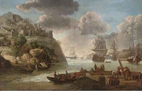 A squadron of the Royal Navy in a Mediterranean harbour Oil Painting by Adriaen Van Diest