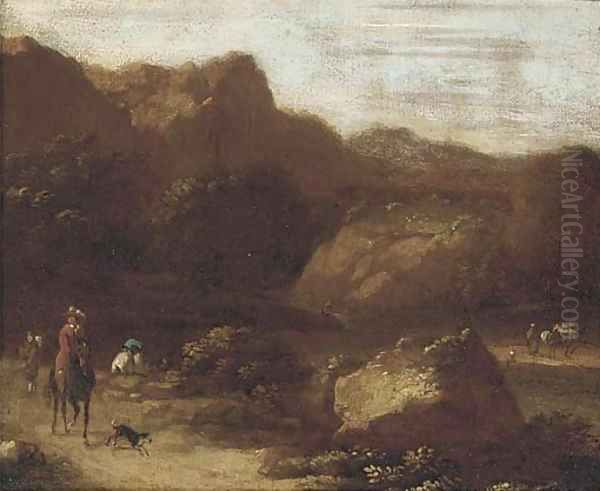 Figures and a dog on a beaten track Oil Painting by Adriaen Van Diest