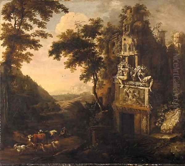 An Italianate landscape with a drover and his herd amongst ruins Oil Painting by Adriaen Van Diest