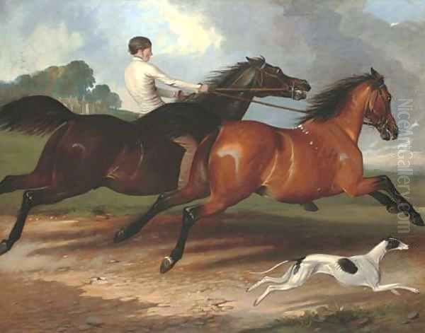 A young man exercising horses and a greyhound in a landscape, a country house beyond Oil Painting by Alfred Dedreux